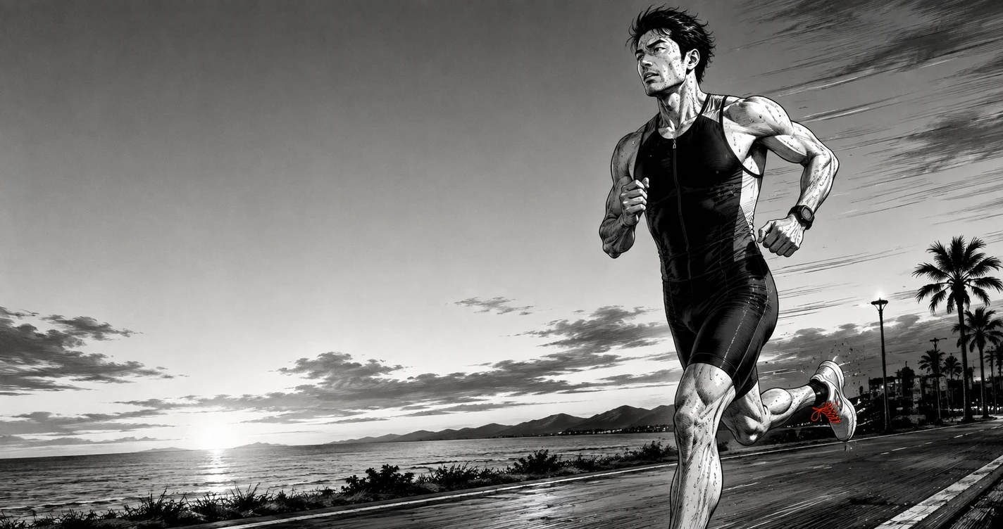 Triatleta corriendo al atardecer junto al mar con expresión concentrada y serena